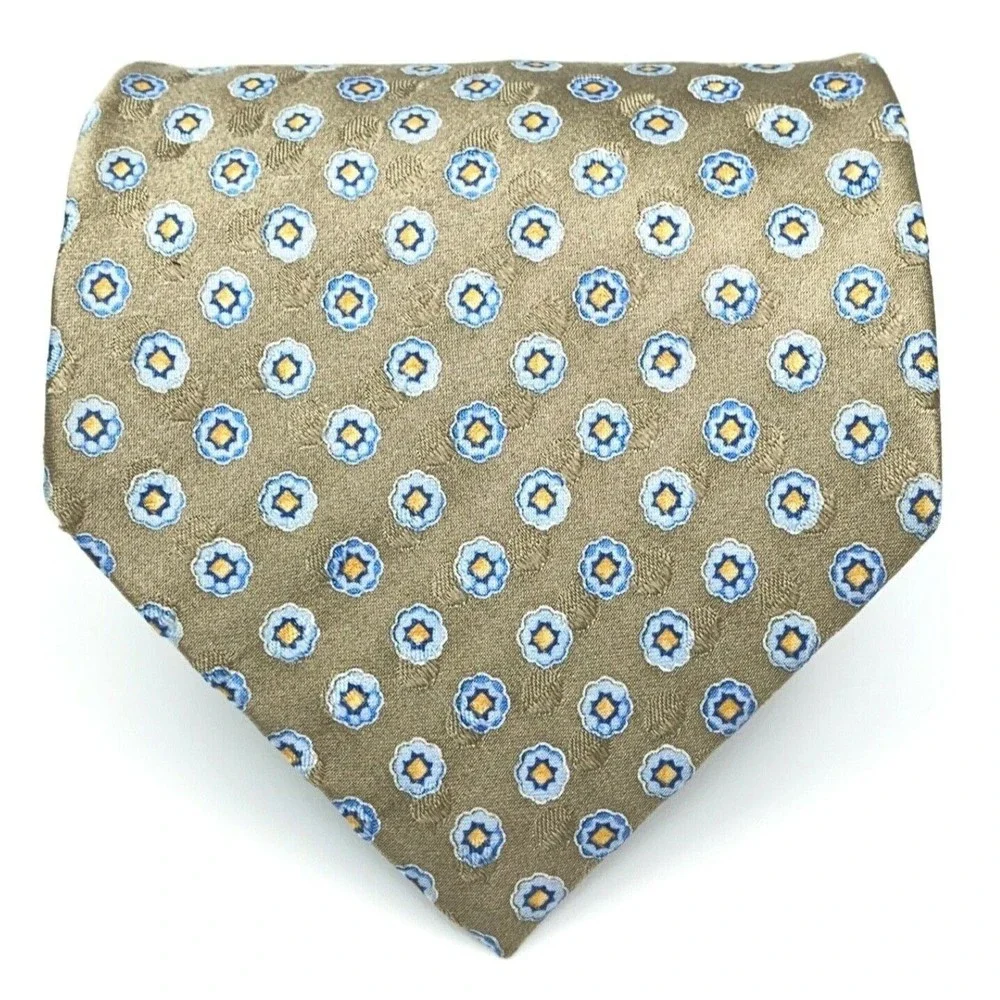 JOS A BANK Tie Grayish Beige Blue Yellow Floral 100% Silk Hand-sewn Necktie 59